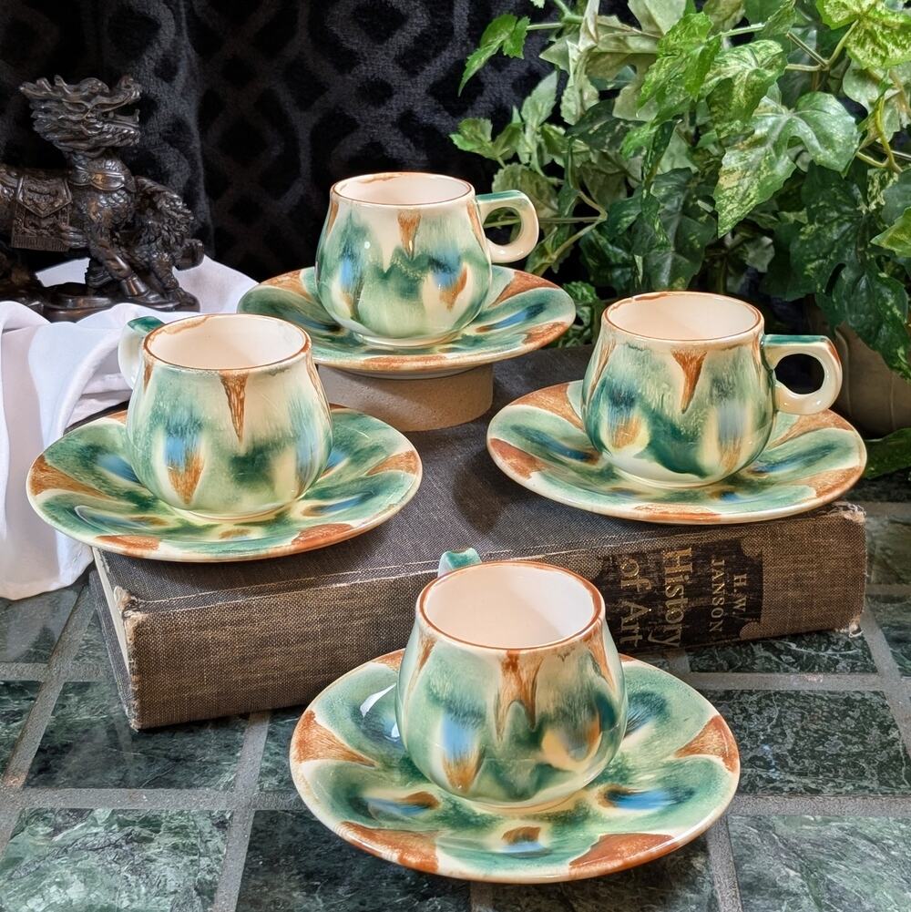 Vintage MCM Seyei Japan 8 Pc Ceramic Tea Coffee Cup Saucer Set, Green Blue Brown